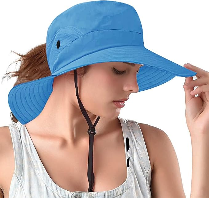 Rosoz Ponytail Sun Bucket Hats for Women UV Protection Foldable Mesh Wide Brim by Rosoz