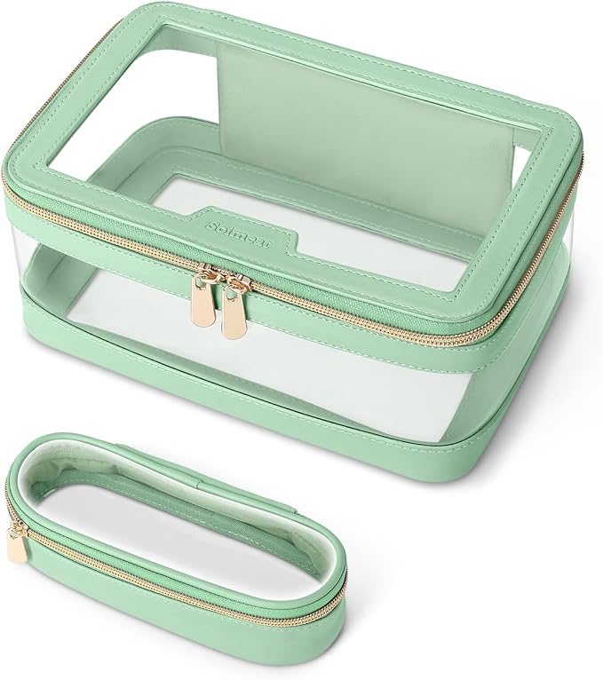Travel Clear Makeup Bag with Makeup Brush Bag, Leather Makeup Case Toiletry Bag by Soimeat