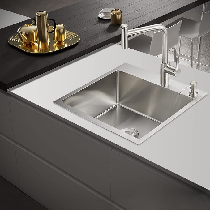 POPFLY 24×18 Inch Drop in Kitchen Sink, Topmount Handmade Single Bowl 18 Gauge - Image 2
