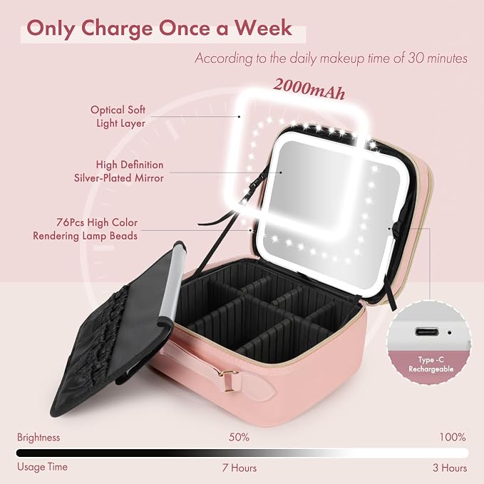 Travel Makeup Bag with LED Mirror Double Layer, Detachable Vanity Mirror with - Image 9