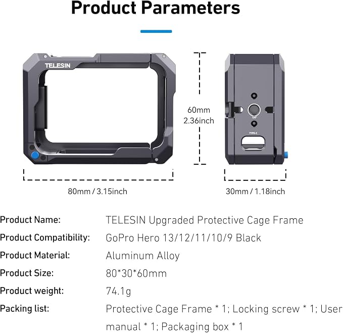 TELESIN Upgraded Aluminum Alloy Cage Frame Housing - Image 3