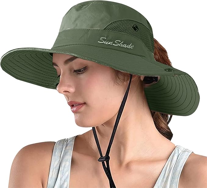 ZOORON Women's Ponytail Safari Sun Hat, Wide Brim UV Protection Outdoor Bucket by ZOORON