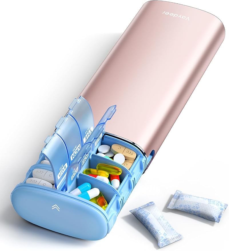 Vaydeer Metal 7 Day Pill Organizer 2 Times a Day – AM PM Weekly Travel Pill Case by Vaydeer