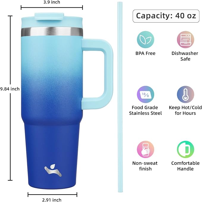 40 oz Tumbler with Handle and 2 Straws, 2 in 1 Lid Insulated Water Bottle - Image 4