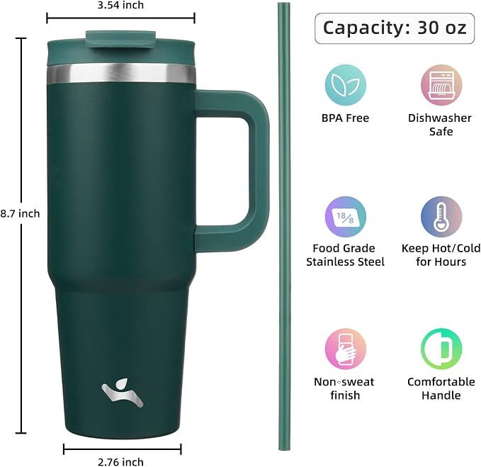 30 oz Tumbler with Handle and 2 Straws, 2 in 1 Lid Insulated Water Bottle - Image 4