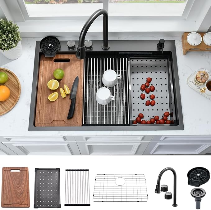33 Inch Black Waterfall Drop In Kitchen Sink by Bokaiya