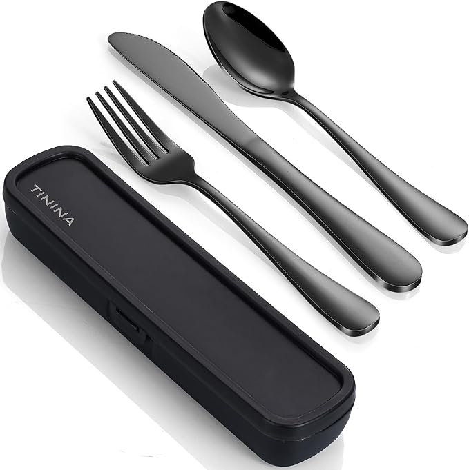 Travel Utensils with Case, 4-Piece Stainless Steel Portable Cutlery Set by TININA