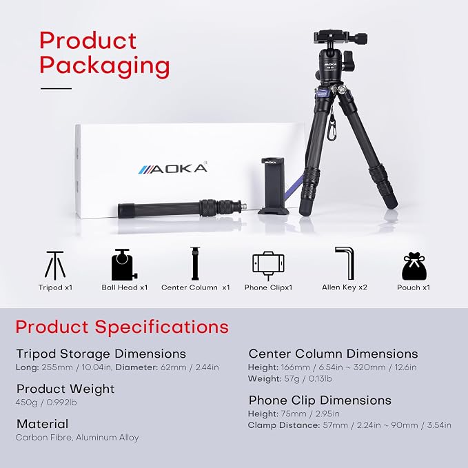 AOKA 15.75in/0.99lb Mini Carbon Fiber Tripod, Compact Pocket Travel Tabletop - Image 6
