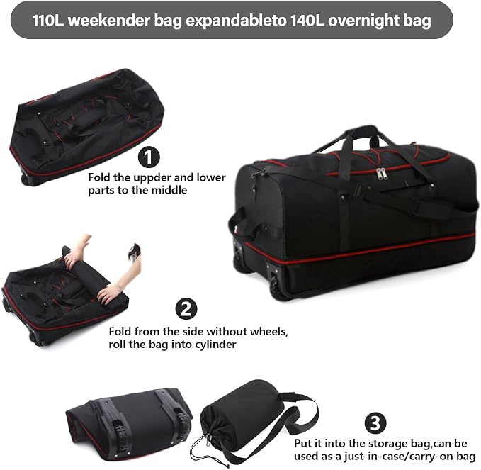 Vomgomfom 32" Soft-Sided Foldable Wheeled Travel Duffel Bag, Expandable 110L to - Image 4