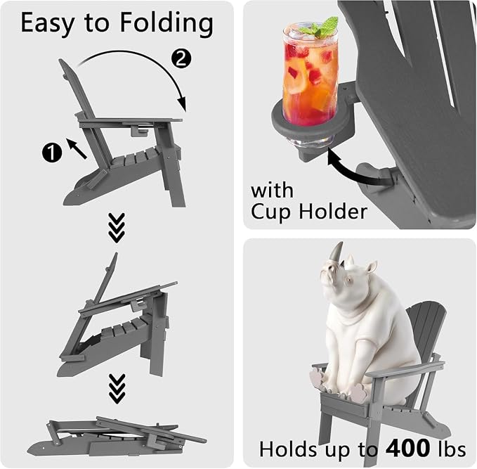 Folding Adirondack Chair with Cup Holder Set of 4, HDPE Patio Chairs, - Image 5