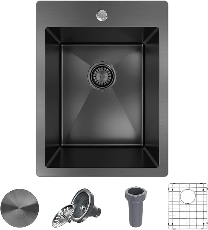 15x20 Drop In Bar Sink Black, 15 Inch Gunmetal Black Wet Bar Sink 18 Gauge - Image 8