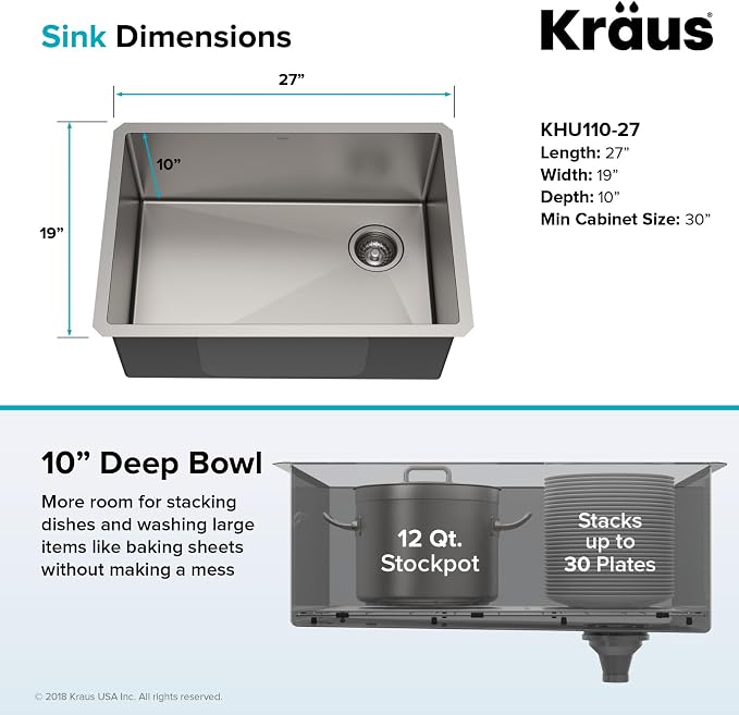 Kraus KHU110-27 Standart PRO 27-inch 16 Gauge Undermount Single Bowl Set - Image 3