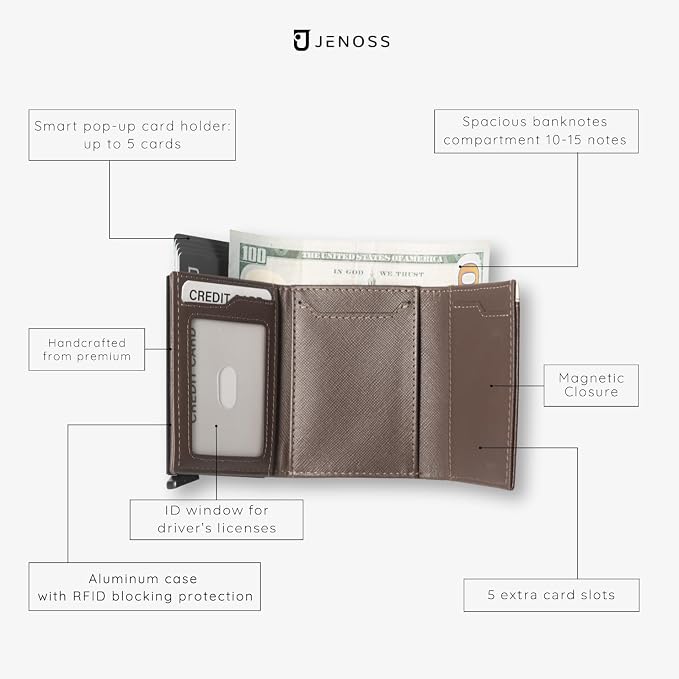Jenoss Smart Wallet For Men: Full Grain Leather, Handcrafted, Slide Metal Pop - Image 8