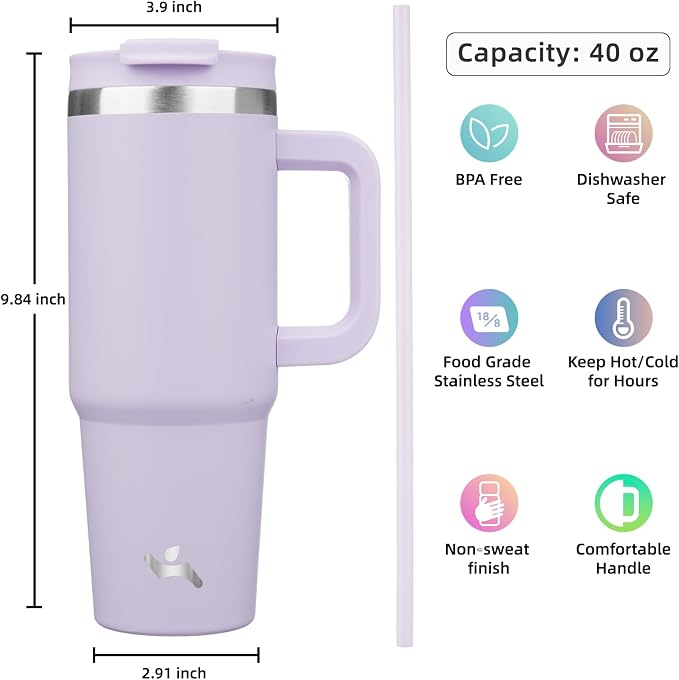 40 oz Tumbler with Handle and 2 Straws, 2 in 1 Lid Insulated Water Bottle - Image 4