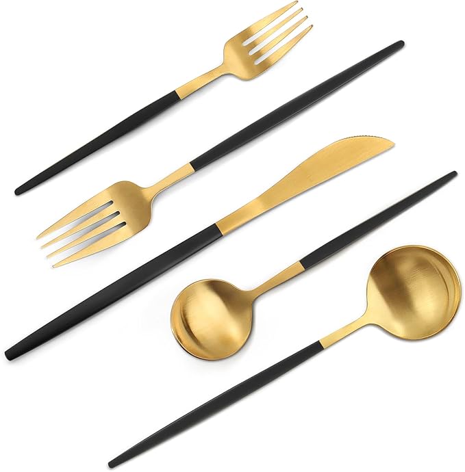 Matte Black Gold Silverware Set, 40-Piece Stainless Steel Flatware Set by VANVRO