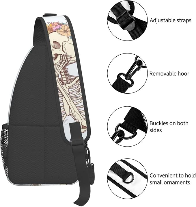 SUPLUCHOM Sling Bag Skeleton Flower Skull Hiking Daypack Crossbody Shoulder - Image 5