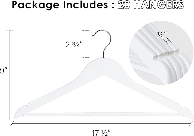 StorageWorks White Wooden Hangers, 20 Pack Wood Hanger - Image 2