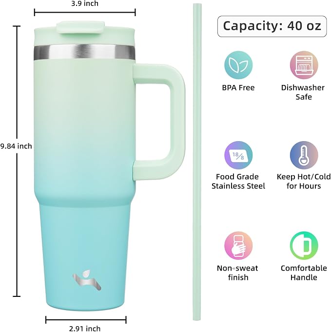 40 oz Tumbler with Handle and 2 Straws, 2 in 1 Lid Insulated Water Bottle - Image 4