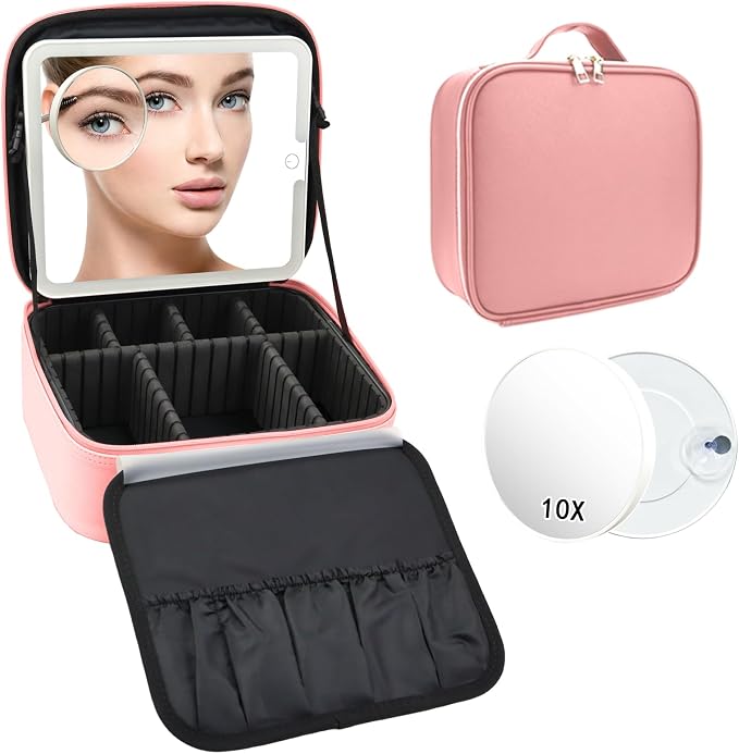 Travel Makeup Bag with LED Mirror and 10x magnifying glass with 3 Lighted by Unknown