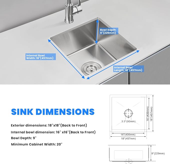 POPFLY 18 x 18 Inch Undermount Kitchen Sinks, Stainless Steel Single Bowl 9 - Image 7
