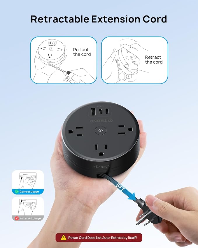 TROND Retractable Extension Cord Power Strip - Image 3