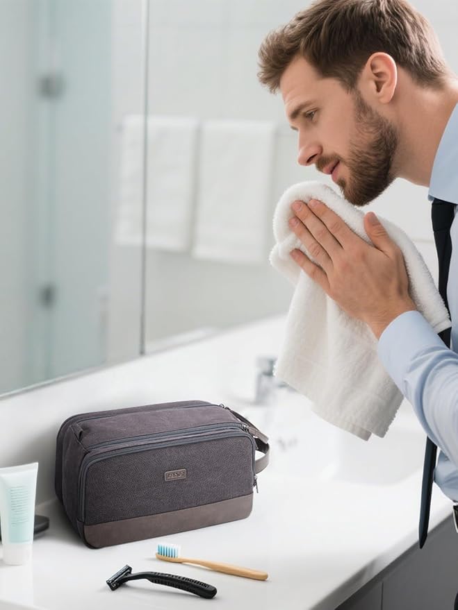 WANDF Toiletry Bag for Men Travel Toiletry Organizer Canvas and Leather Dopp - Image 5