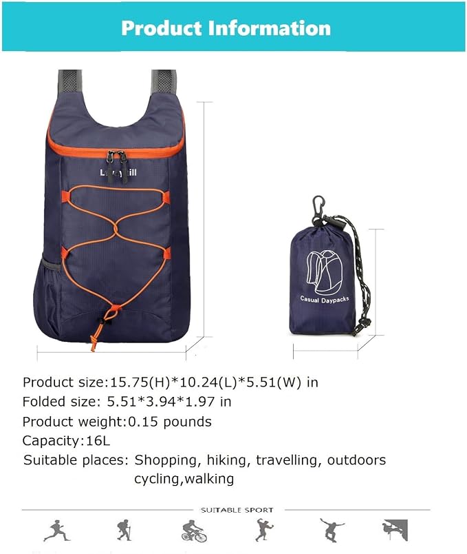 16L Hiking Daypack Lightweight Foldable Travel Backpack Water Repellent Camping - Image 7