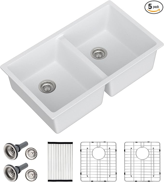 Dcolora 33 Inch Double Bowl Undermount Kitchen Sink White Deep Double Basin by Dcolora