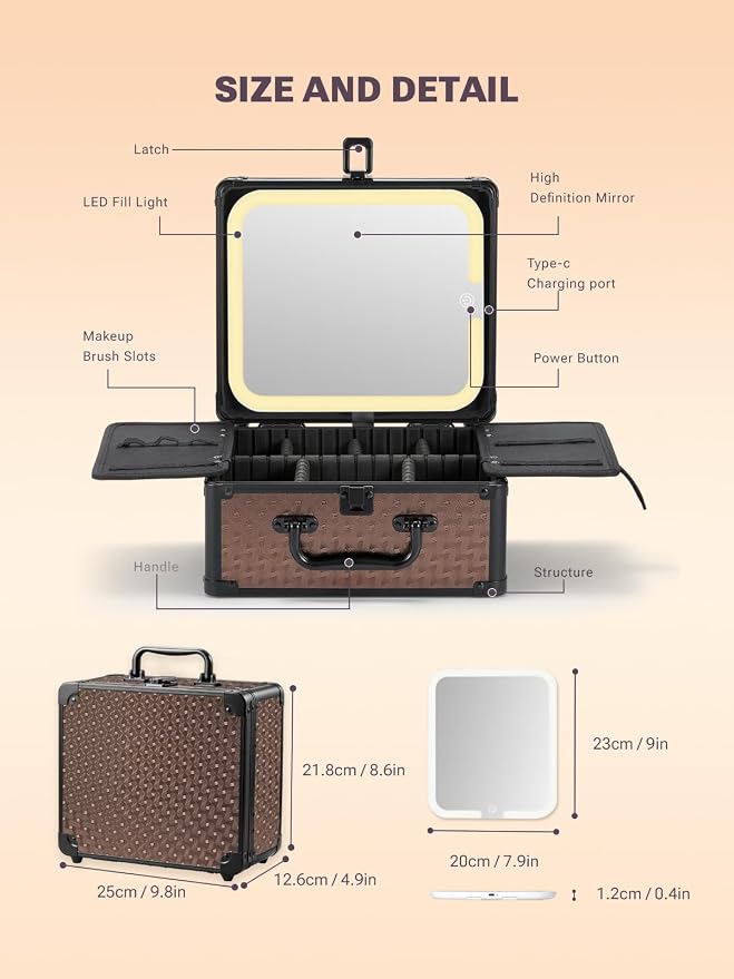 Qislee Makeup Box with A Detachable Lighted Mirror, Waterproof Travel Train Case - Image 3