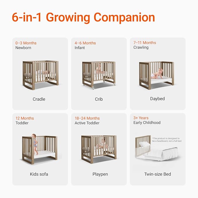 EvoNest Baby Crib, 6 in 1 Convertible Mini Crib - Image 5