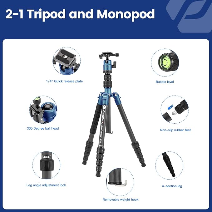 Fotopro 59" Carbon Fiber Travel Tripod, Compact Camera Tripod - Image 6