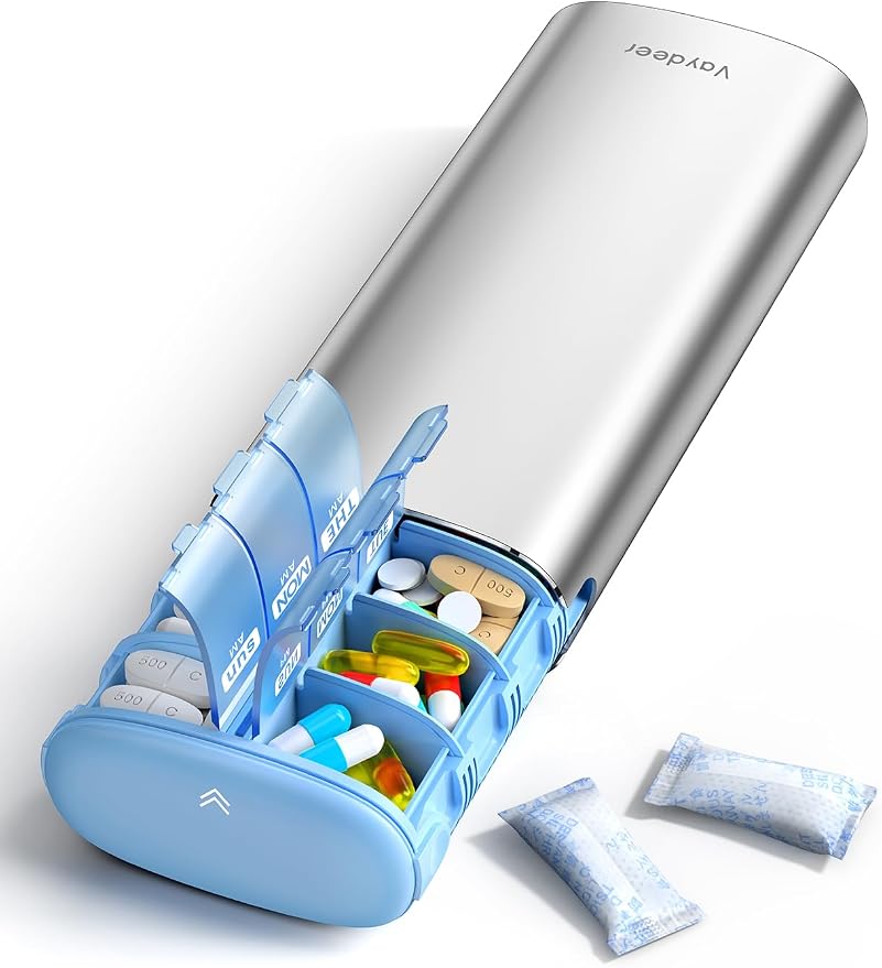Vaydeer Metal 7 Day Pill Organizer 2 Times a Day – AM PM Weekly Travel Pill Case by Vaydeer