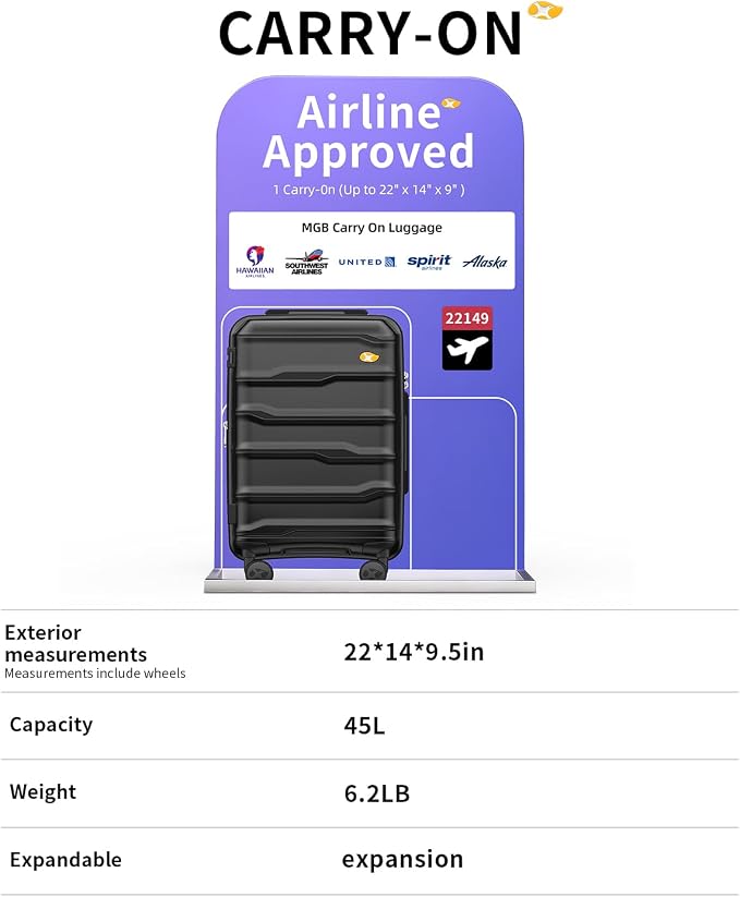 Carry On Luggage 22x14x9 Airline Approved, 20 Inch Ultra Lightweight Hardshell - Image 7