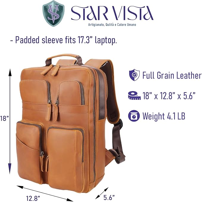 STAR VISTA Angelo 17.3" Vintage Full Grain Leather Laptop Backpack - Image 6