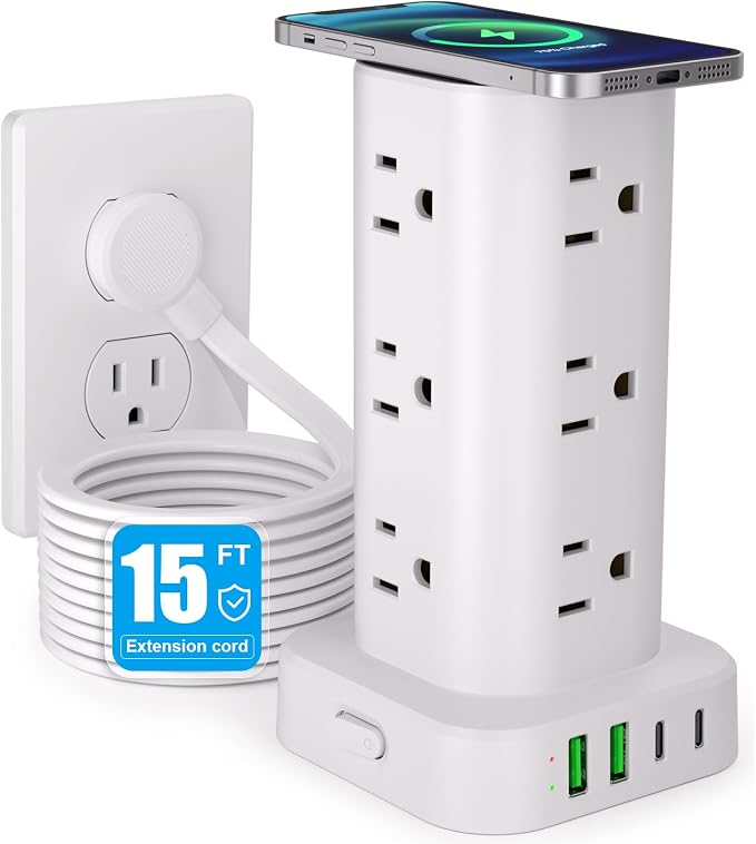 Power Strip Tower with Wireless Charger, Flat Plug Surge Protector Tower with by Unknown