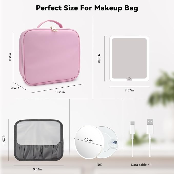 Travel Makeup Bag with LED Mirror and 10x magnifying glass with 3 Lighted - Image 8