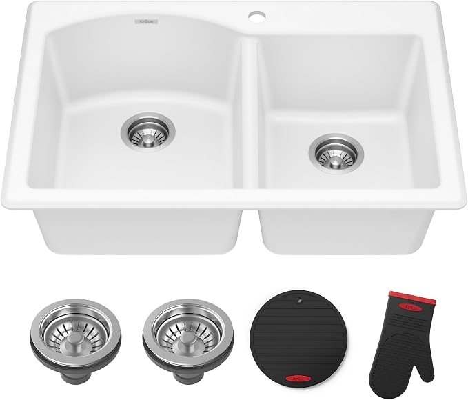 KRAUS Forteza 33-inch Granite Drop In/Undermount 60/40 Double Bowl White by KRAUS