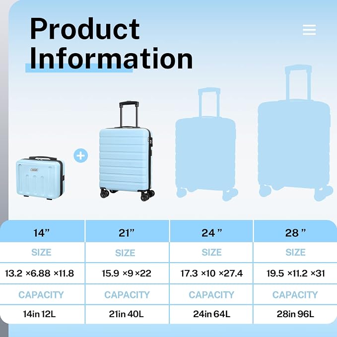 AnyZip 21" Carry On Luggage and 14" Mini Cosmetic Cases Luggage Set Hardside PC - Image 2