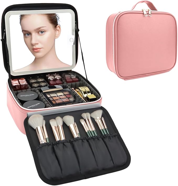 Travel Makeup Bag with LED Mirror Travel Makeup Organizer with 3 Lighted - Image 8