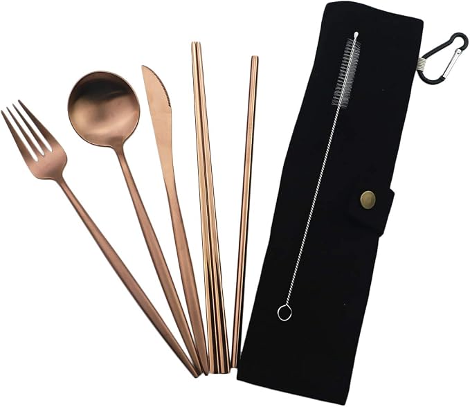 Gugrida Luxury Rose Gold Matte Portable 18/10 Stainless Steel Travel Flatware - Image 6