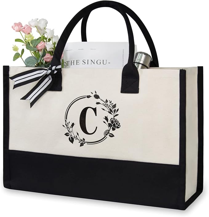 TOPDesign Personalized Initial Jute/Canvas Beach Bag, Monogrammed Gift Tote Bag by TOPDesign