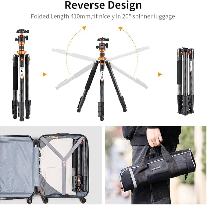K&F Concept 63" Carbon Fiber Camera Tripods, D254C1+BH-28L Compact Tripod - Image 4