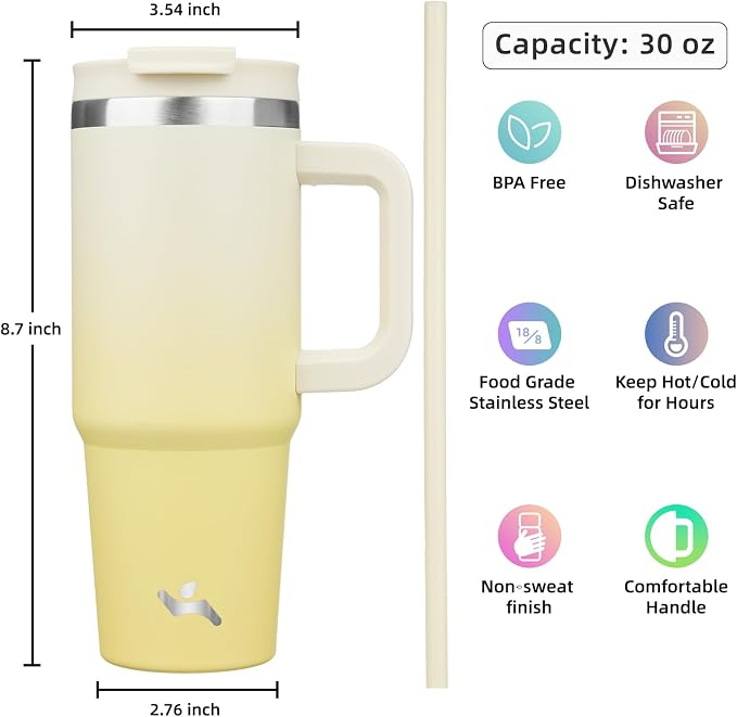 30 oz Tumbler with Handle and 2 Straws, 2 in 1 Lid Insulated Water Bottle - Image 4