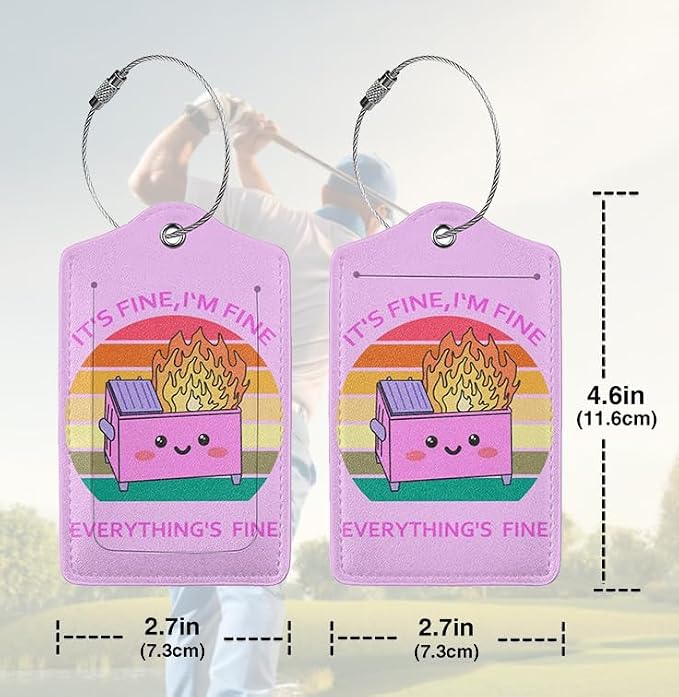 2 Pack Luggage Tags for suitcases Cute Pink Trash on fire I'm Fine It's Fine - Image 2