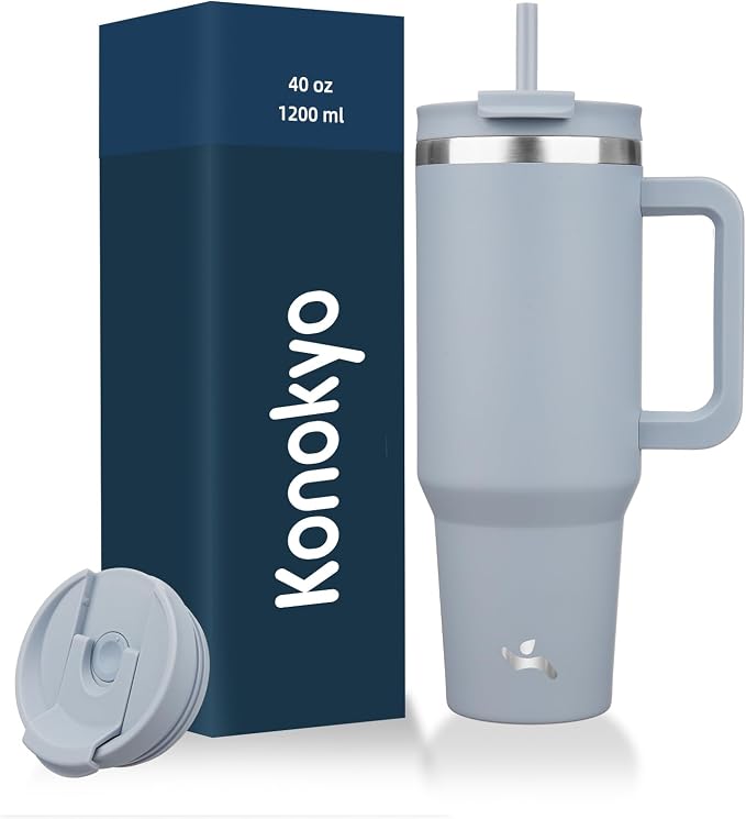40 oz Tumbler with Handle and 2 Straws, 2 in 1 Lid Insulated Water Bottle by Konokyo