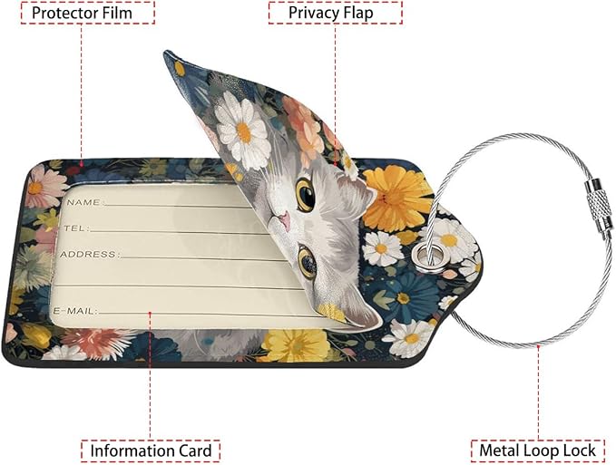 Cute Cat in Flowers 2 Pcs Luggage Tags, Privacy Cover ID Label - Image 2