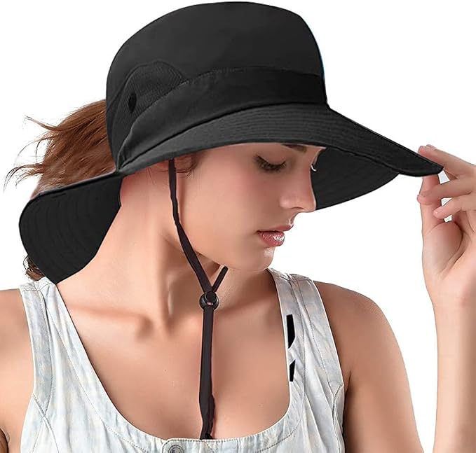 Rosoz Ponytail Sun Bucket Hats for Women UV Protection Foldable Mesh Wide Brim by Rosoz