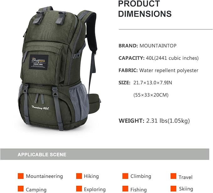MOUNTAINTOP 40L Hiking Backpack Lightweight Travel Backpack - Image 2