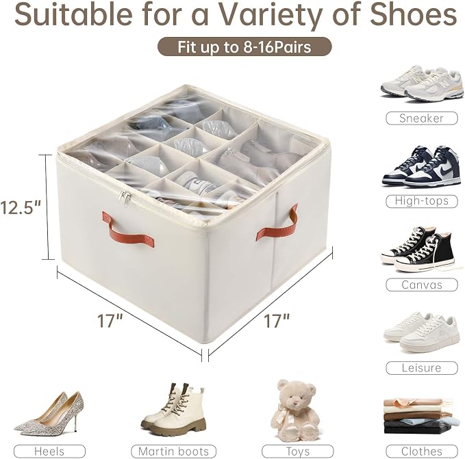 Shoe Organizer for Closet, 2 Pack Foldable Shoe Storage Containers, Fits up to - Image 2