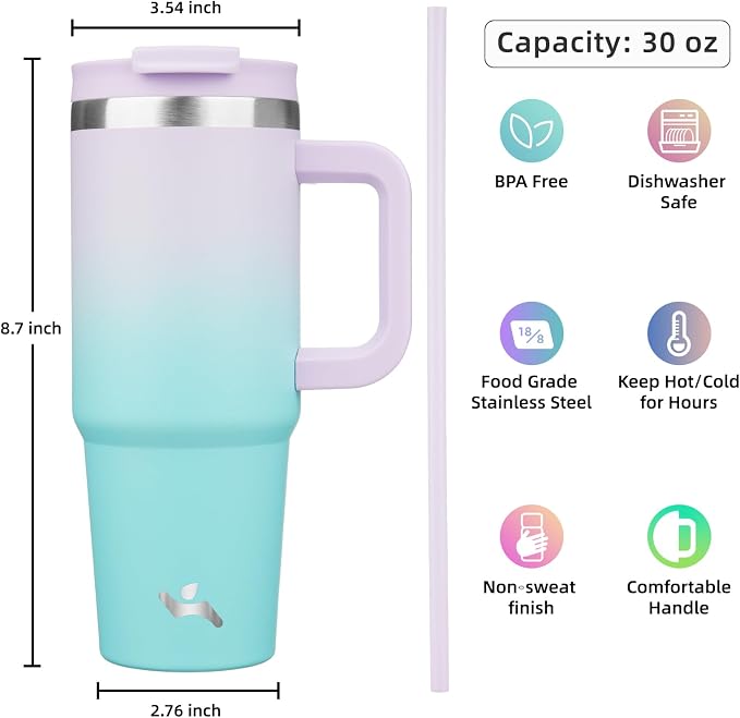 30 oz Tumbler with Handle and 2 Straws, 2 in 1 Lid Insulated Water Bottle - Image 4